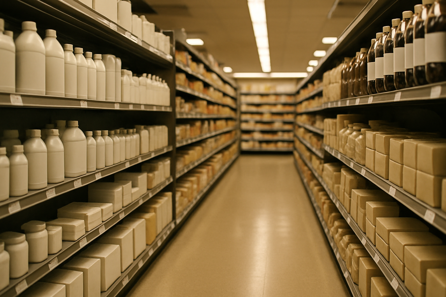 A neatly stocked grocery store aisle of everyday household and packaged goods under warm retail lighting.
