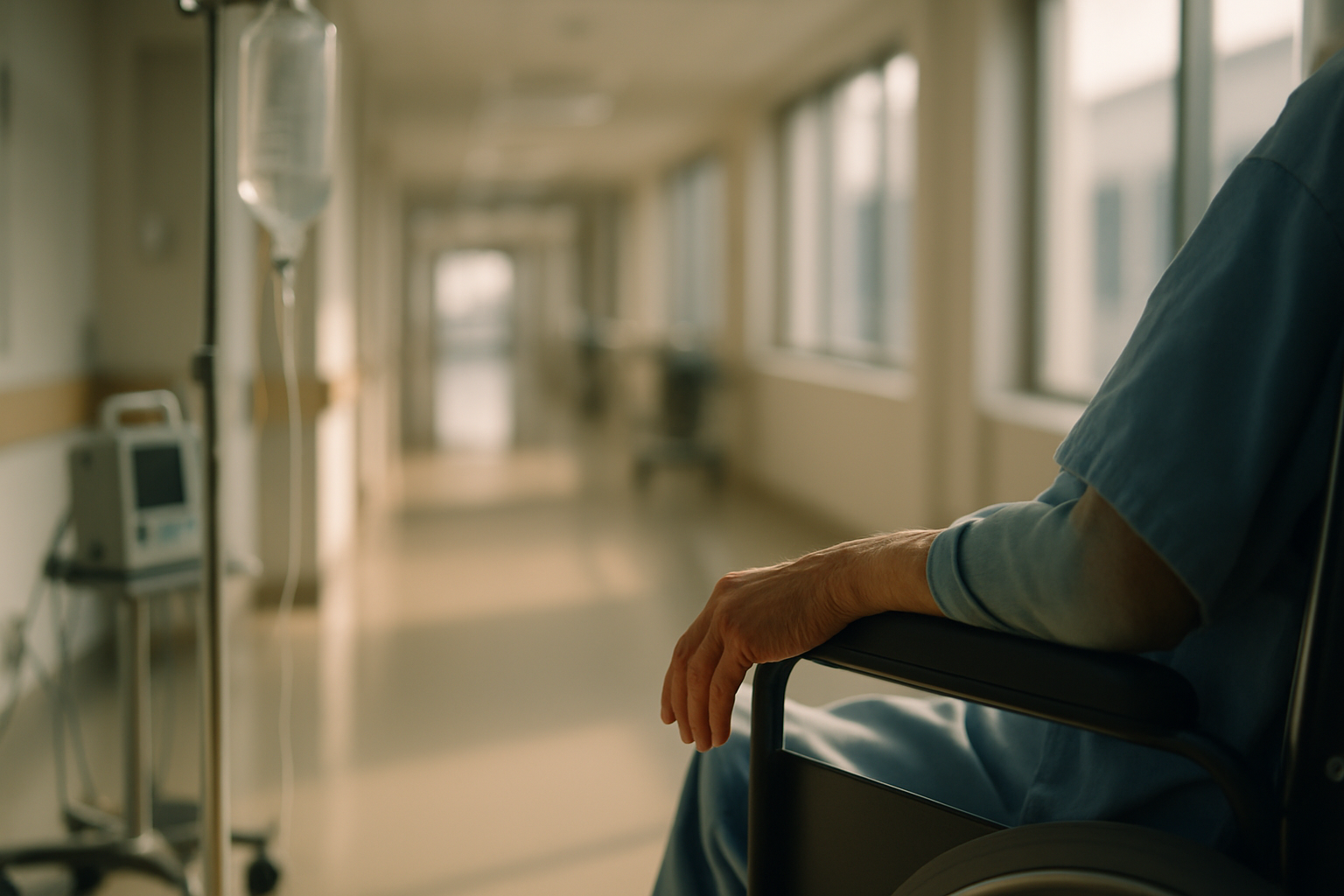 Sunlit modern hospital corridor with medical equipment and an elderly patient's hand on a wheelchair armrest.