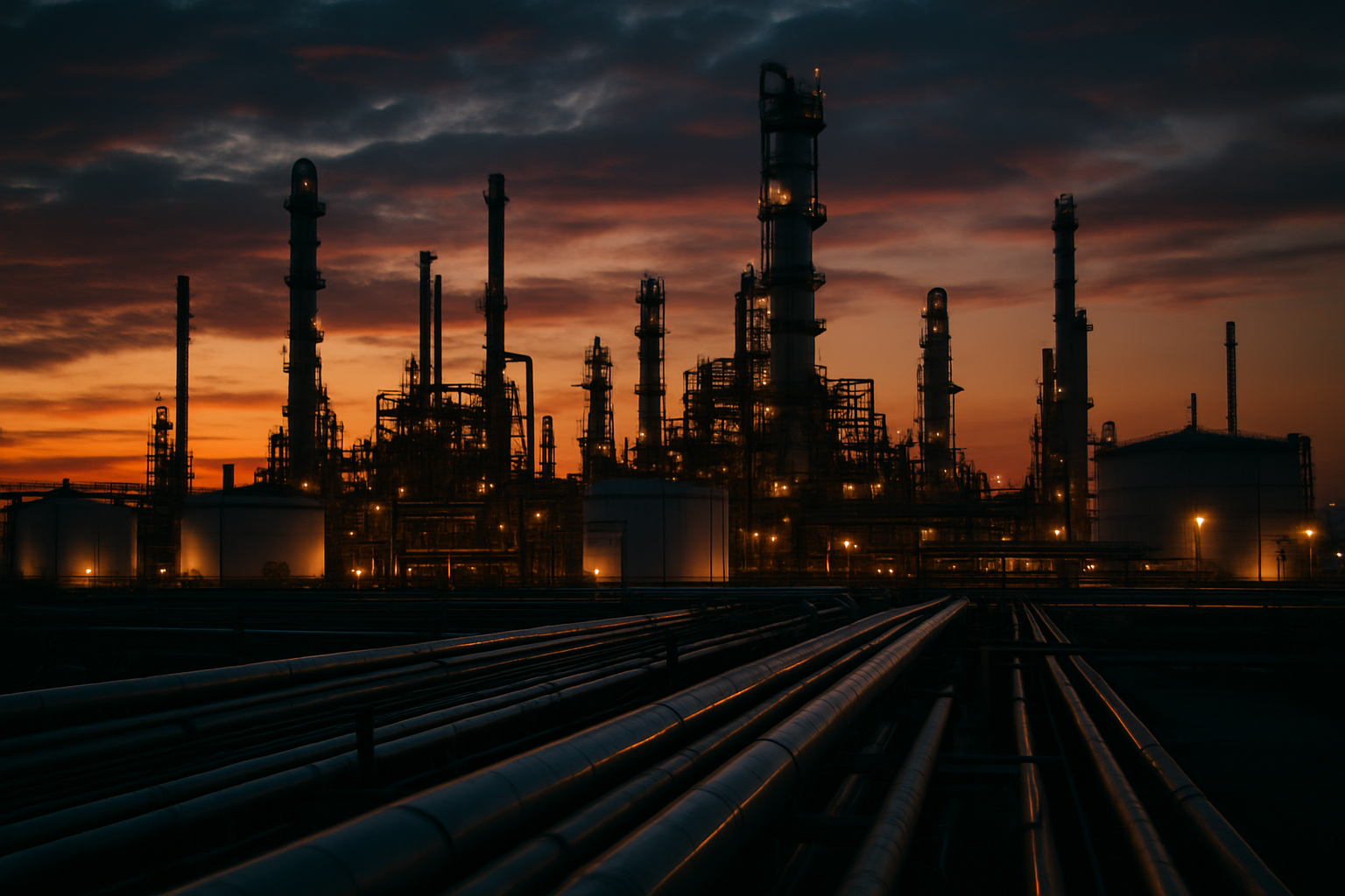 An oil refinery and pipeline network silhouetted against a dusk sky, illustrating energy infrastructure behind dividend payouts.