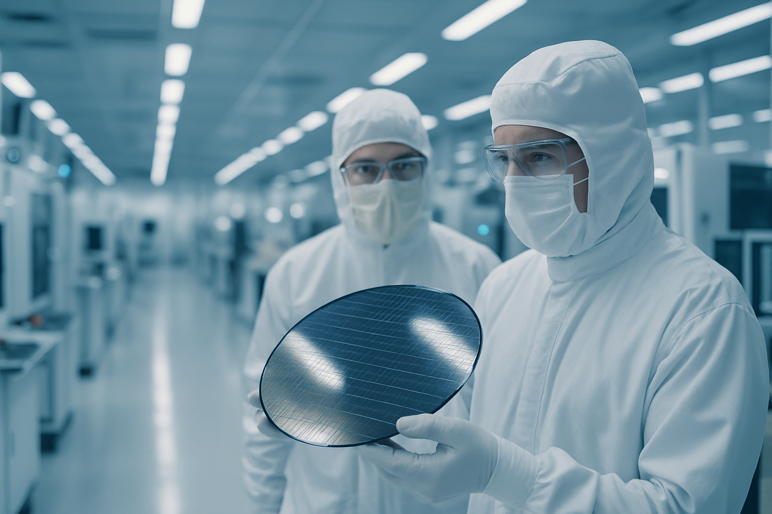 Technicians in cleanroom suits handling a silicon wafer inside an advanced semiconductor fabrication facility.