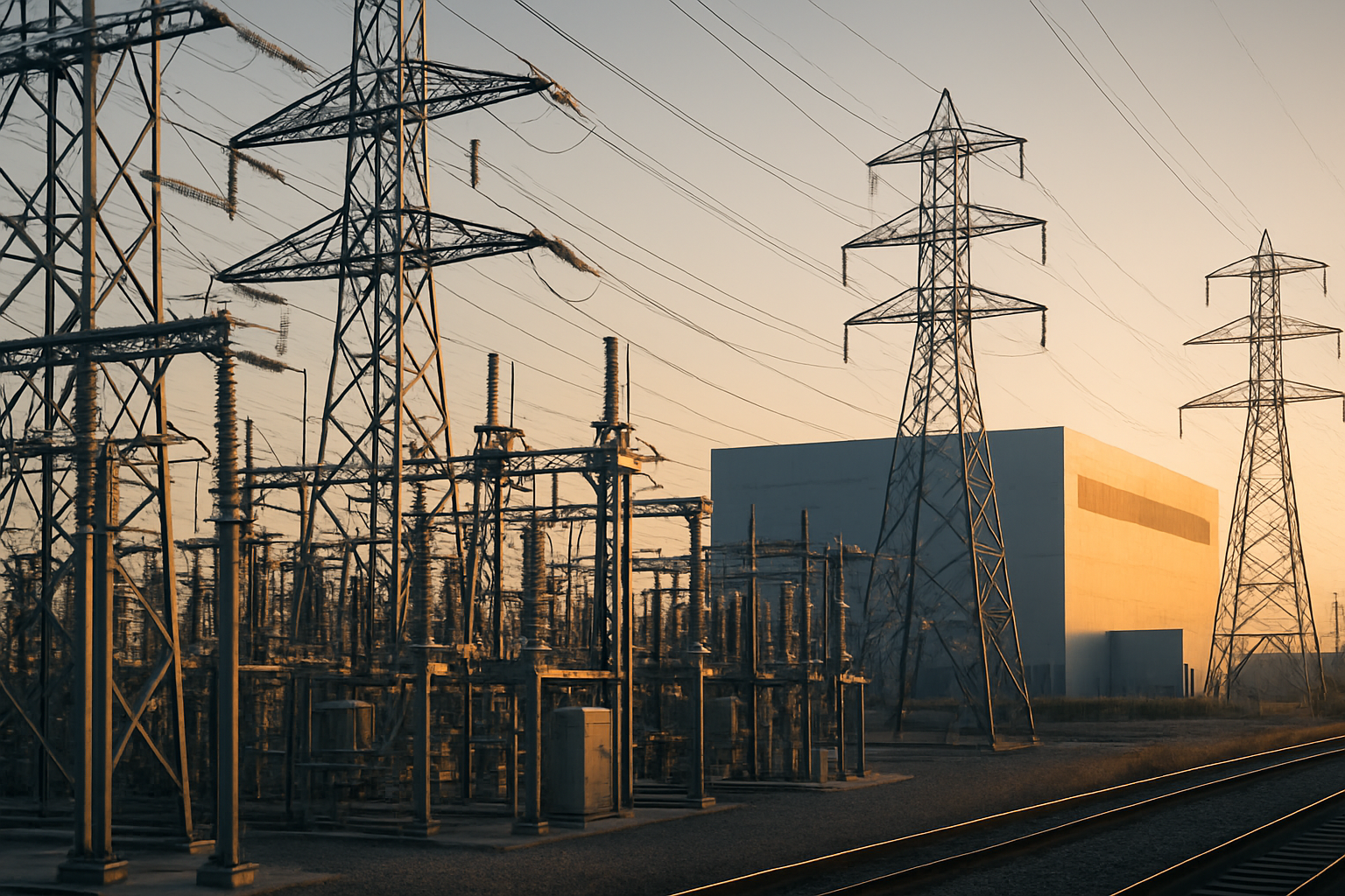 Electrical substation and transmission towers at sunset with a data center building in the background