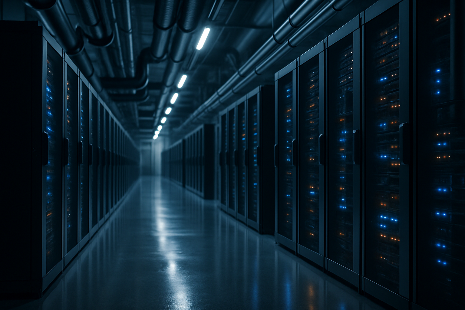 Interior of a data center showing server racks, cooling pipes, and electrical conduit under cool blue lighting.