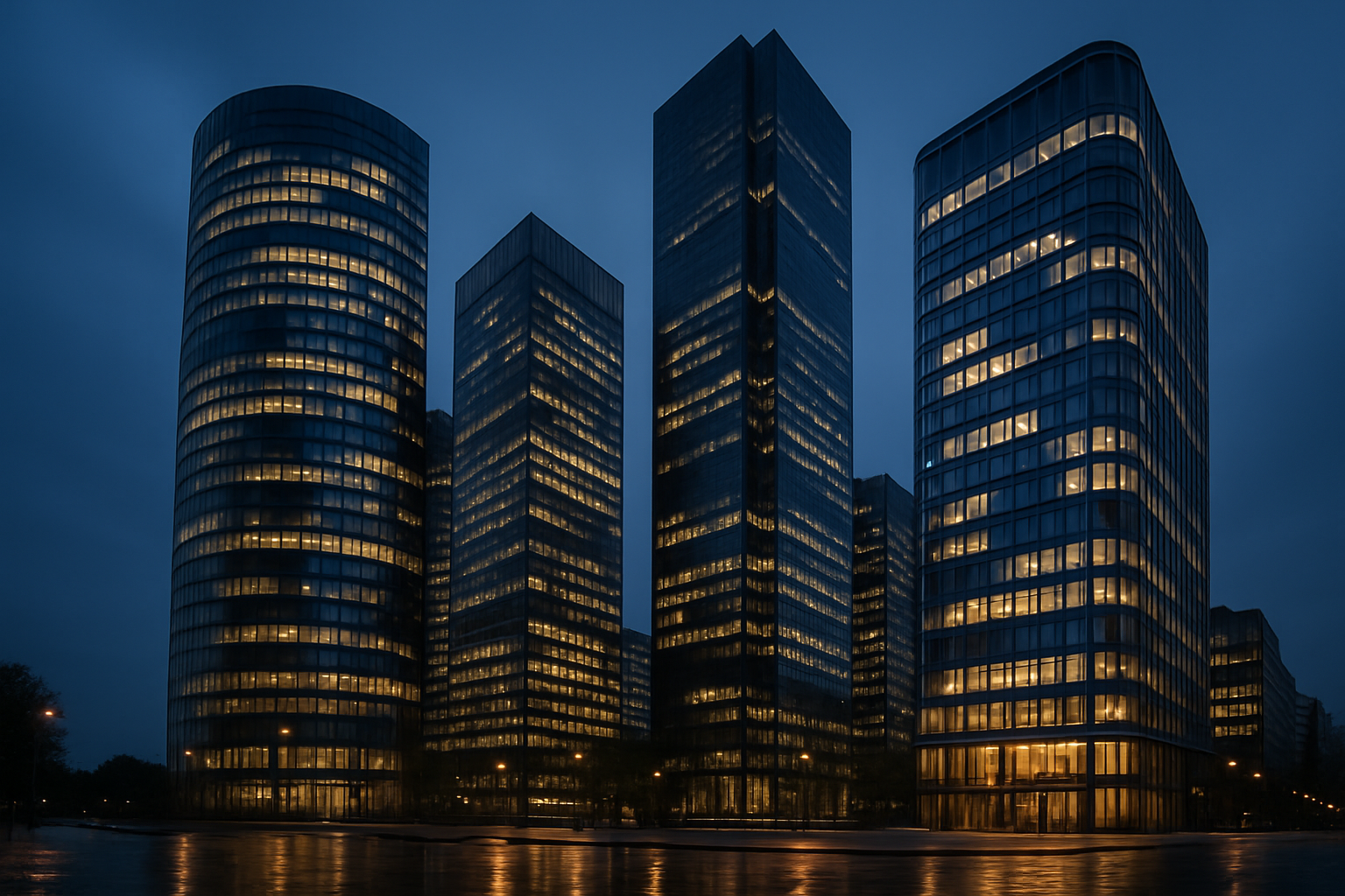 Four distinct skyscrapers of different heights clustered in a financial district at dusk, symbolizing different bank business models