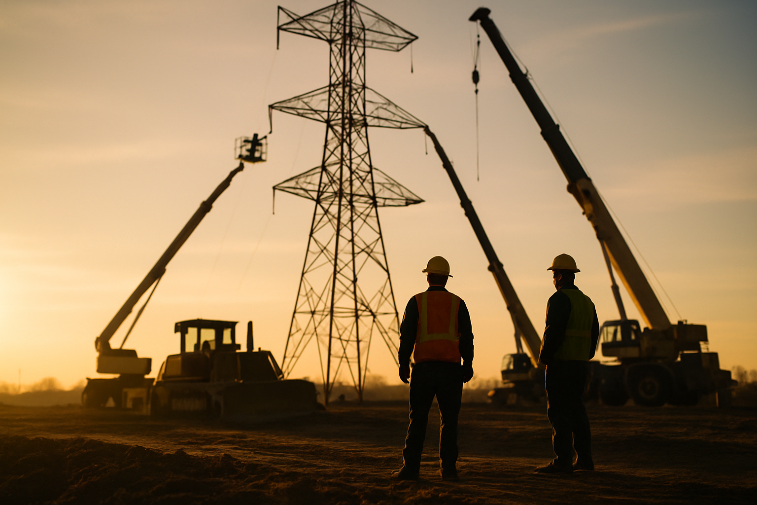 Electrical transmission tower under construction at golden hour with cranes and heavy equipment on a graded worksite.