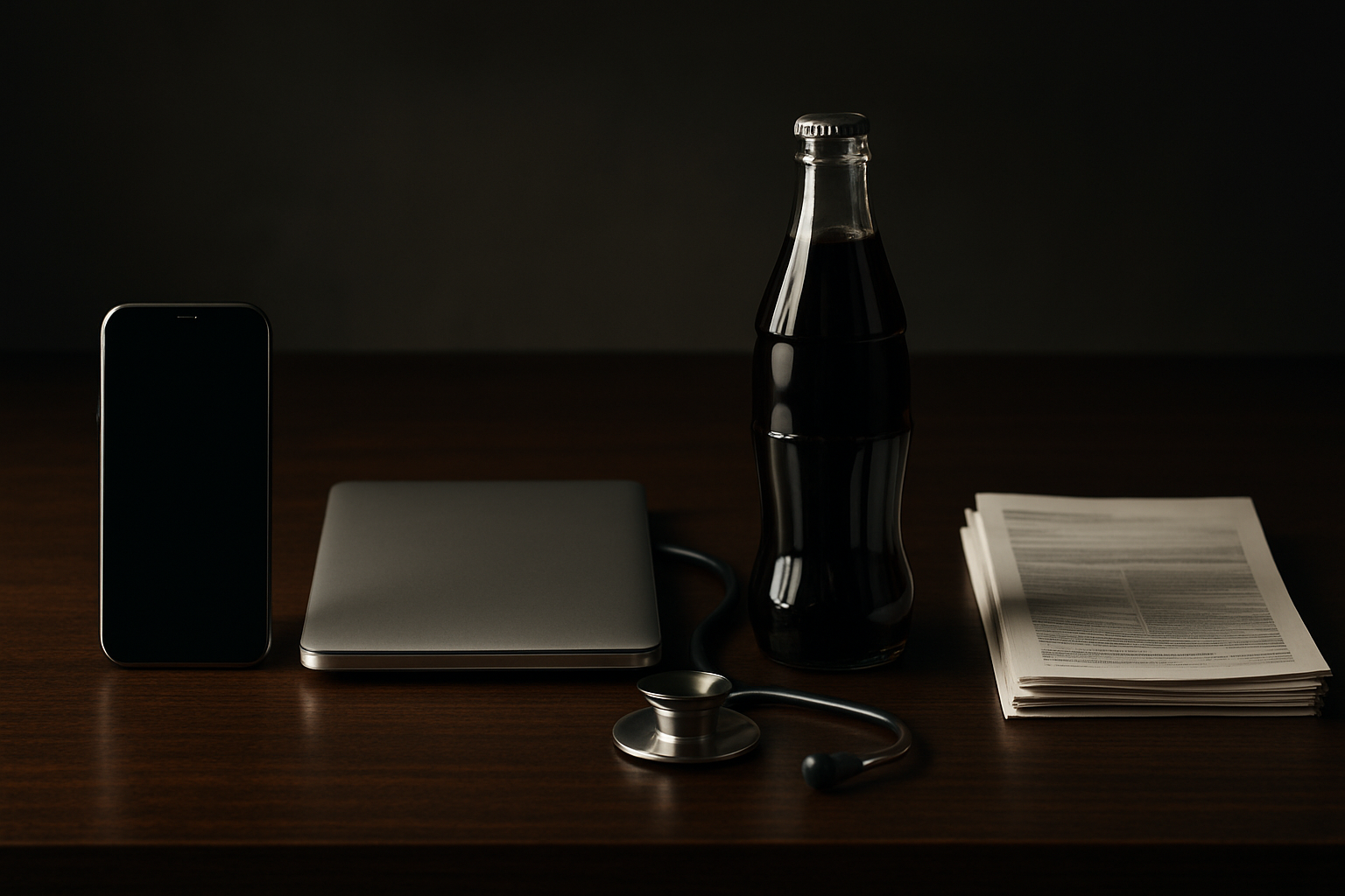 Five everyday objects representing different industries arranged in a row on a dark desk under soft studio lighting