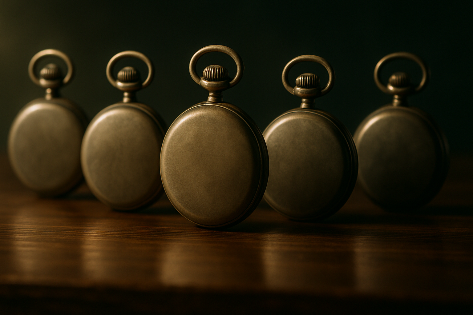 Five classic pocket watches in a row on a dark wooden desk, symbolizing decades of steady dividend payments