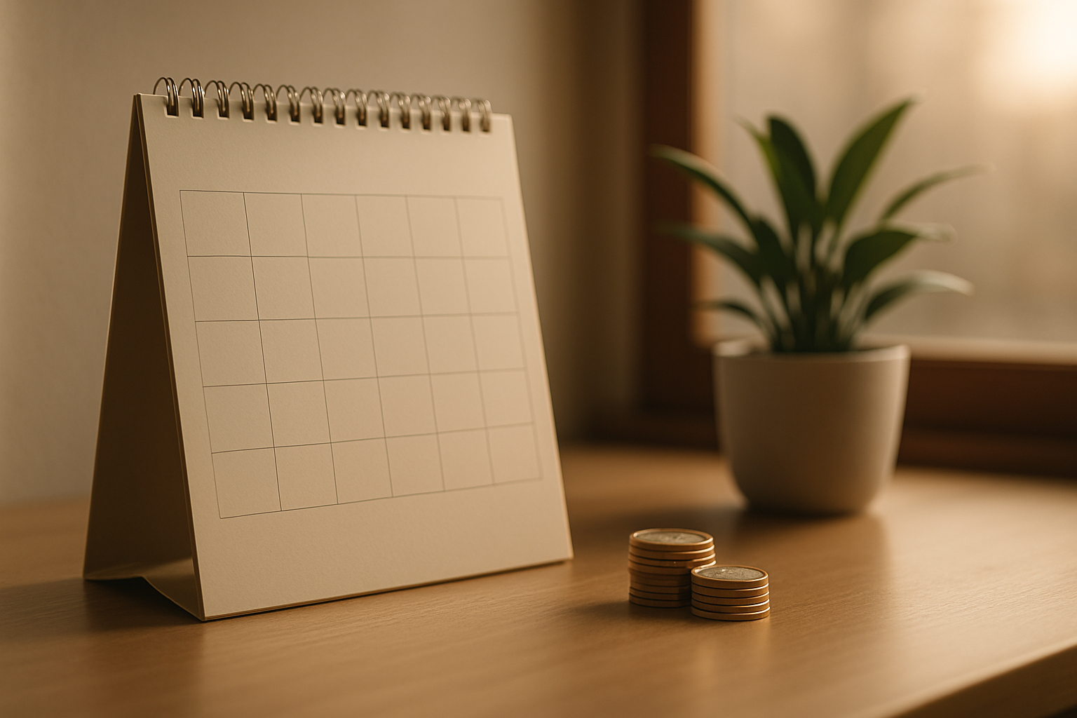 A desk calendar next to a small stack of coins on a wooden desk in soft morning light.
