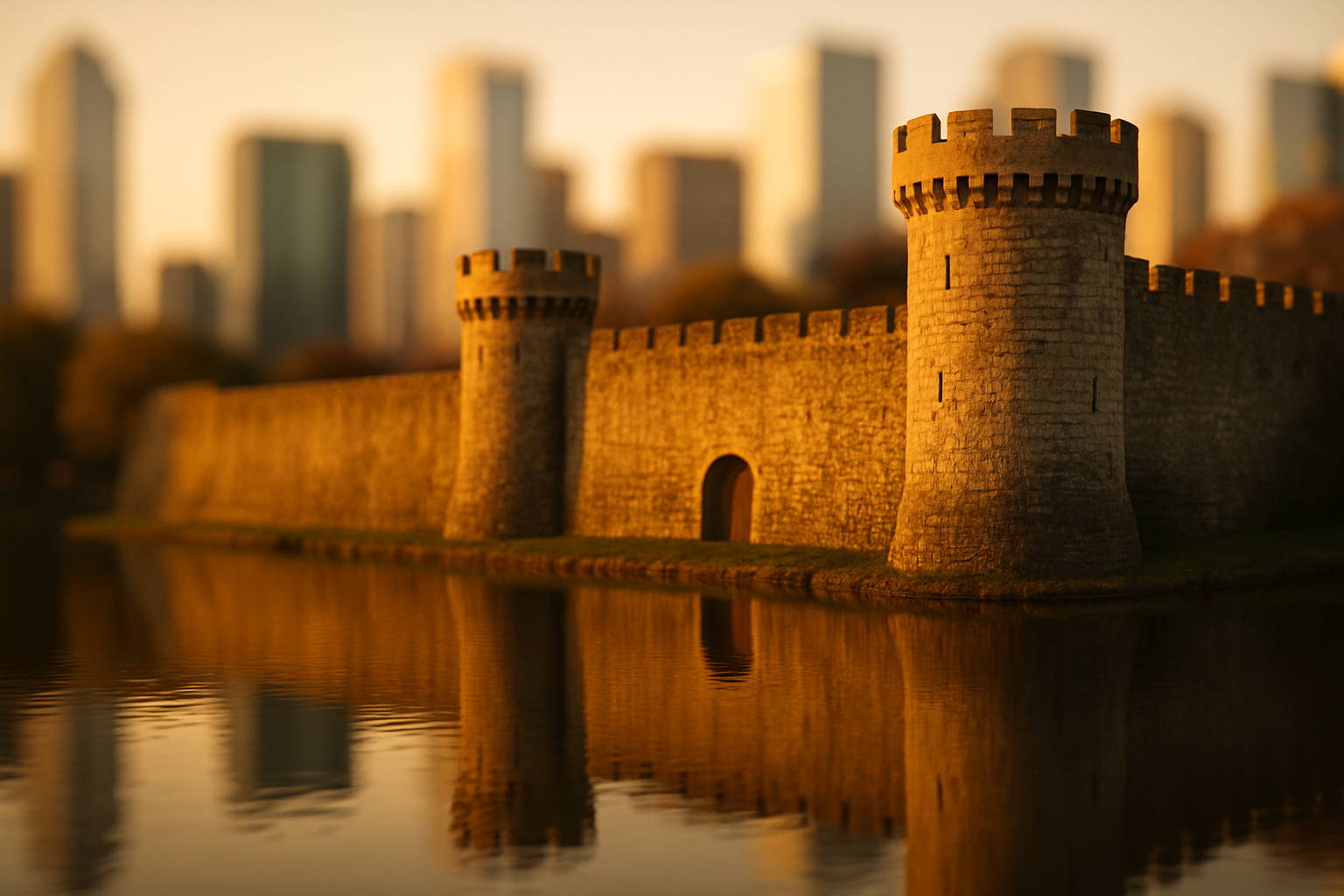 A stone fortress wall surrounded by a moat at golden hour with a blurred modern city skyline behind it.