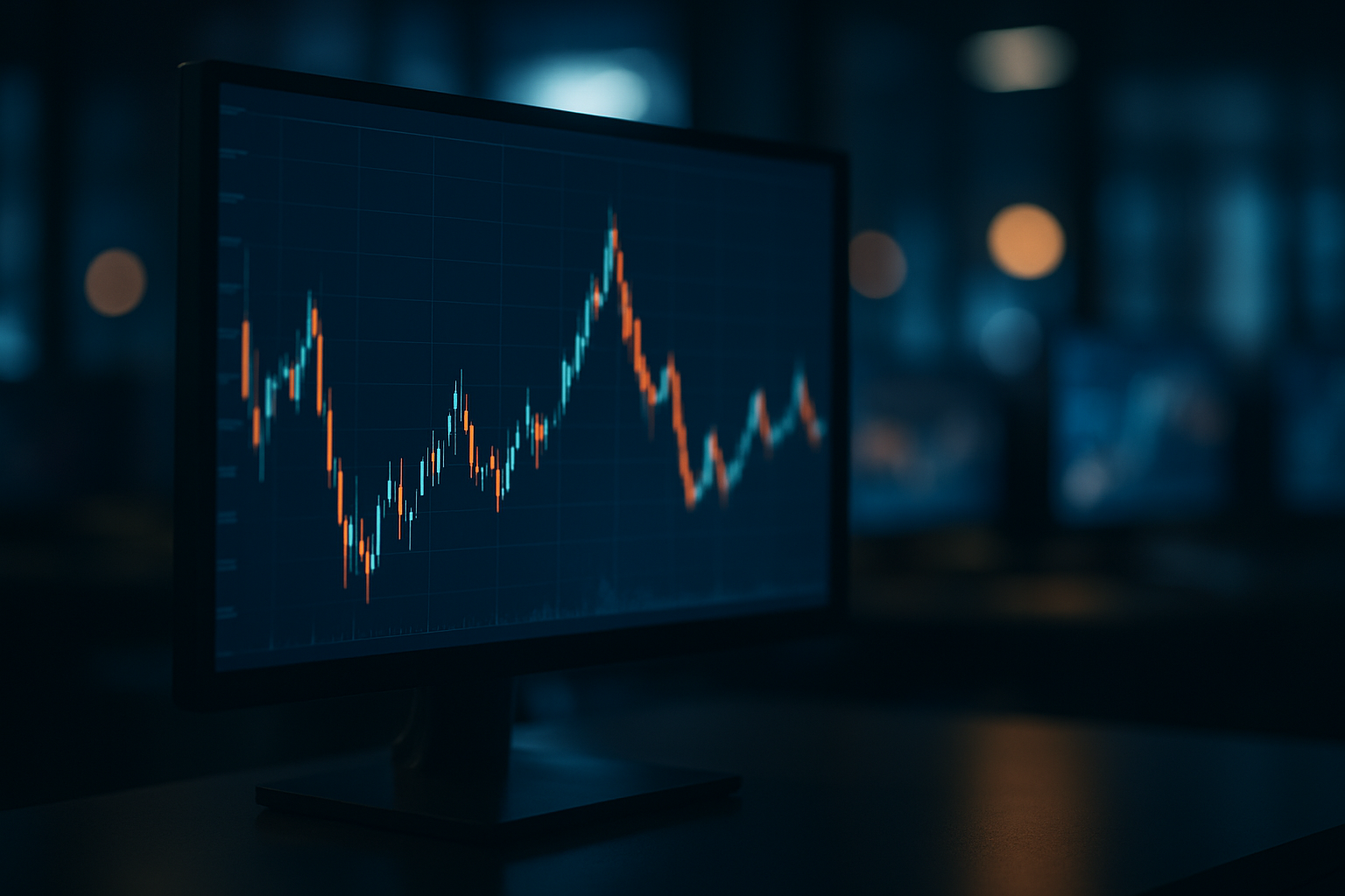 A glowing trading monitor showing a jagged price chart in a darkened office, symbolizing stock volatility