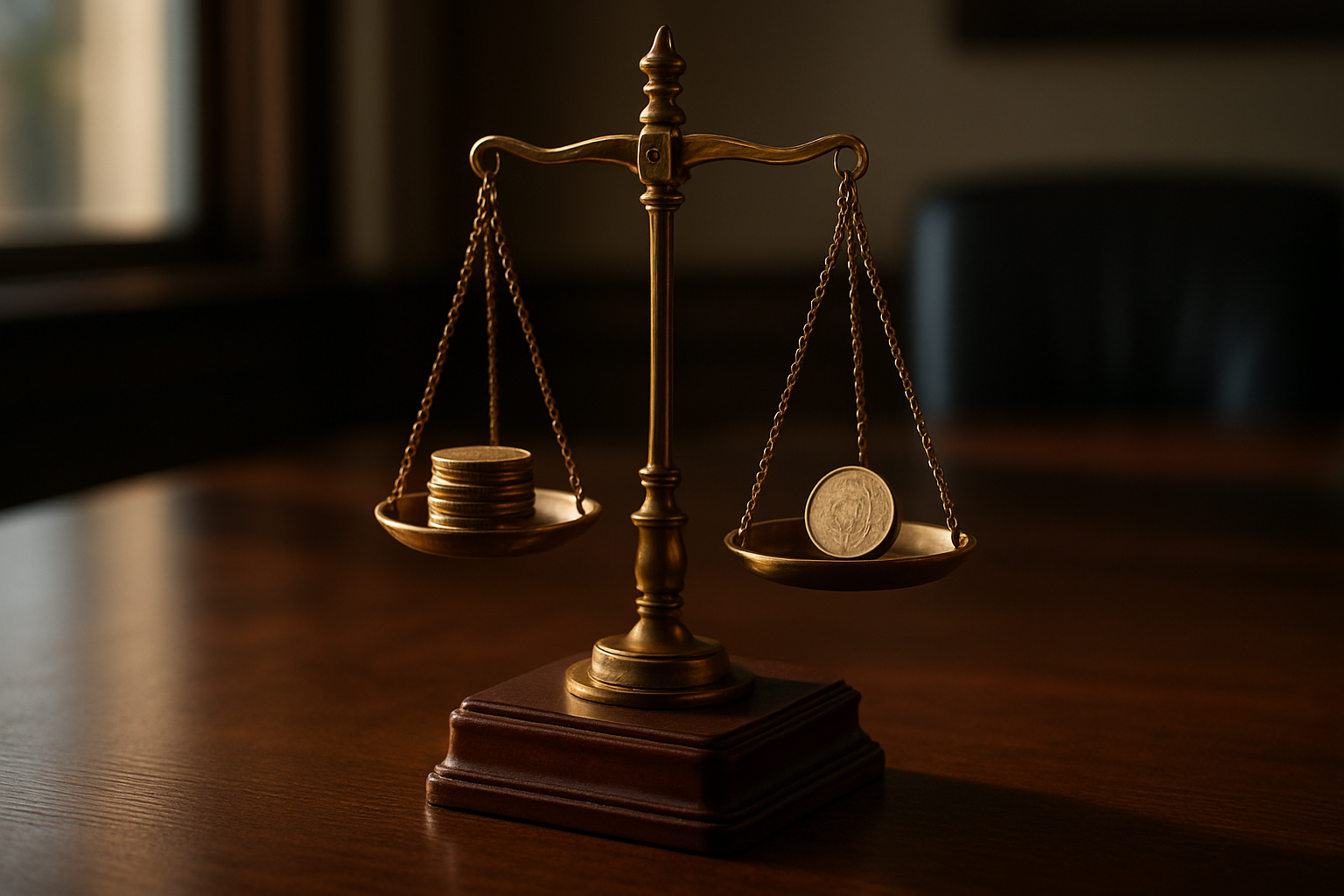 An antique brass balance scale weighing stacks of coins on a dark wood desk in warm light