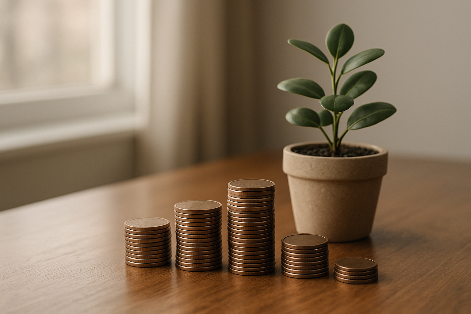 Ascending stacks of coins on a desk beside a small plant, symbolizing steady investing over time