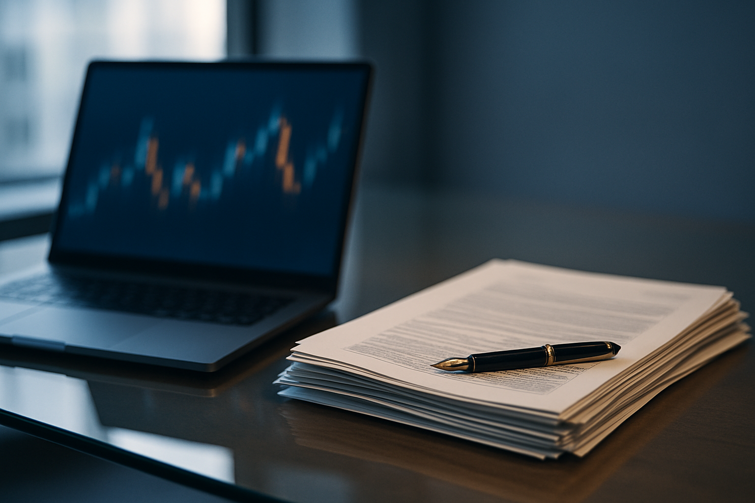 A desk with a laptop showing blurred market charts beside stacked financial documents, symbolizing the choice between ETFs and mutual funds.
