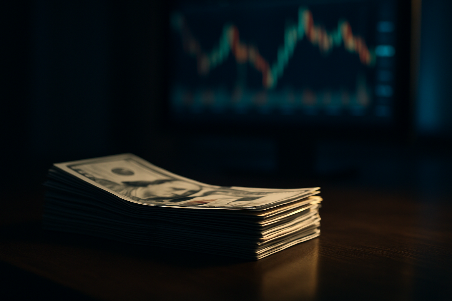 Stack of cash on a desk beside a softly blurred glowing financial screen