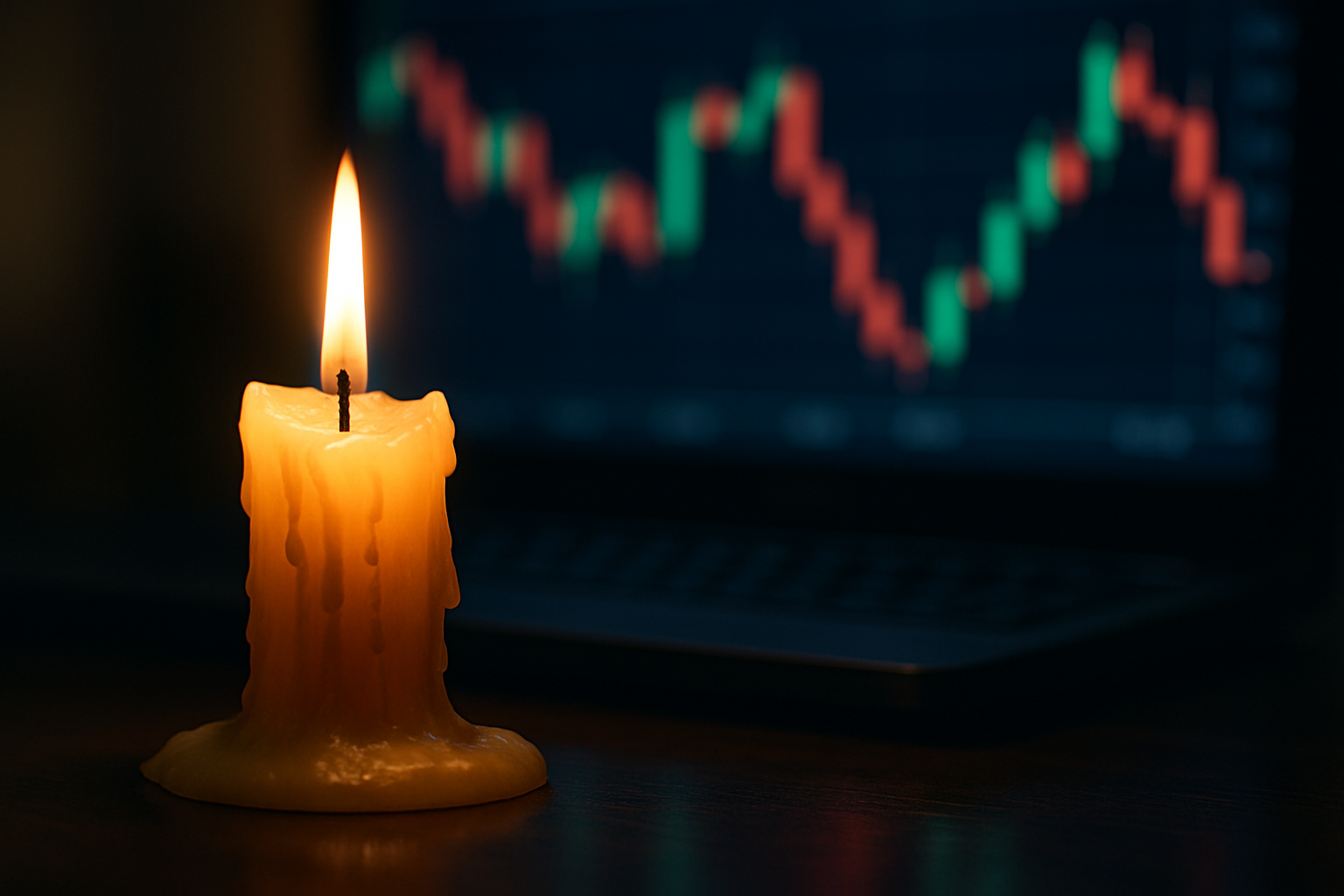 A low-burning candle beside a blurred trading screen, symbolizing time decay in options trading