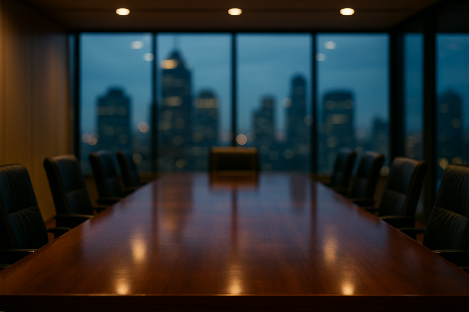 An empty corporate boardroom at dusk overlooking a city financial district skyline.