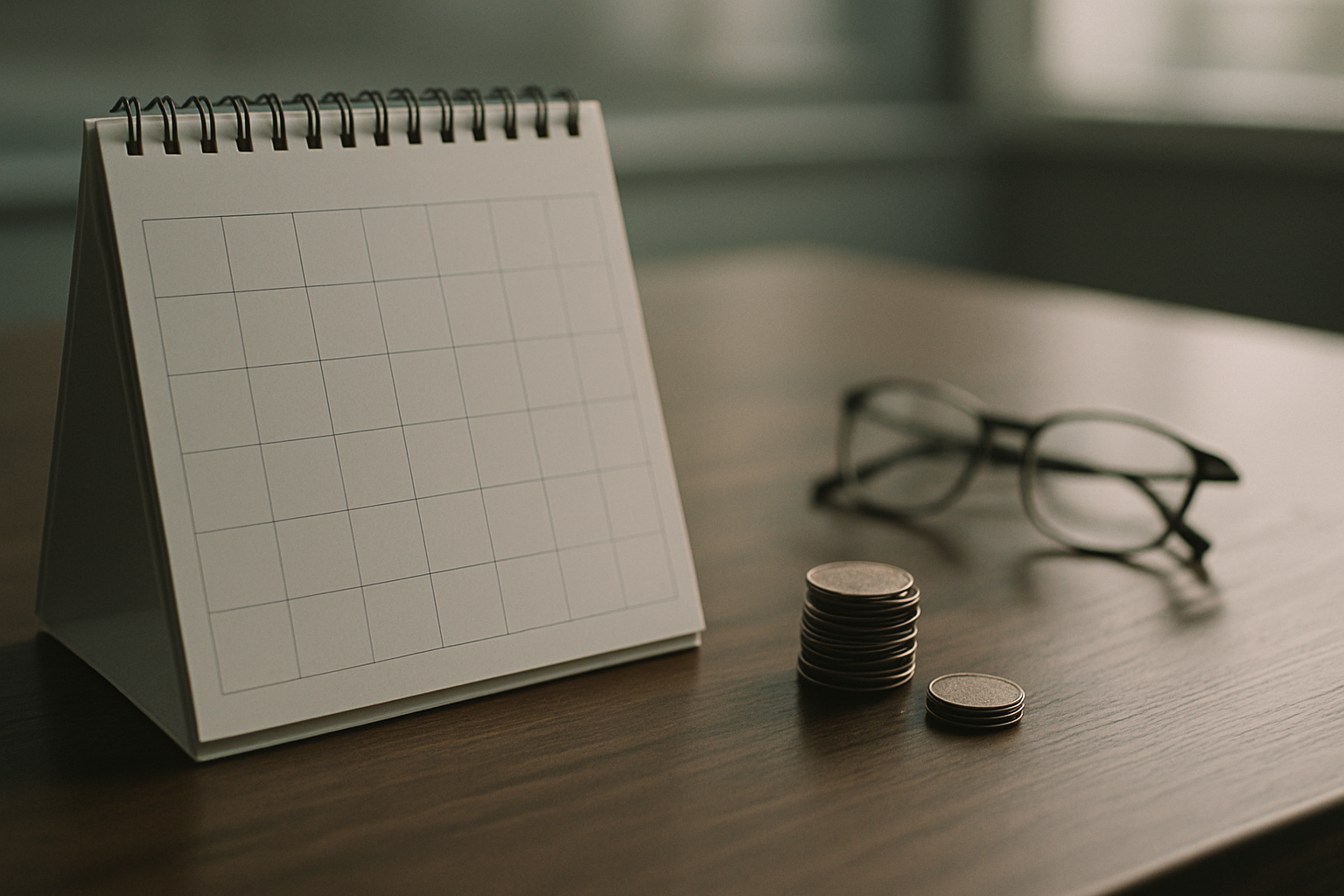 A blank calendar page beside stacked coins and reading glasses on a desk in soft natural light.
