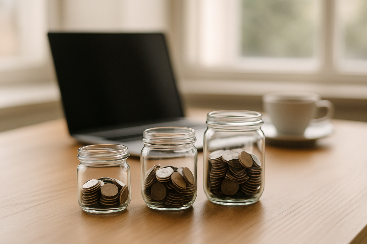 Three glass jars of coins of different sizes lined up on a wooden desk in soft light, symbolizing a simple three-fund portfolio.
