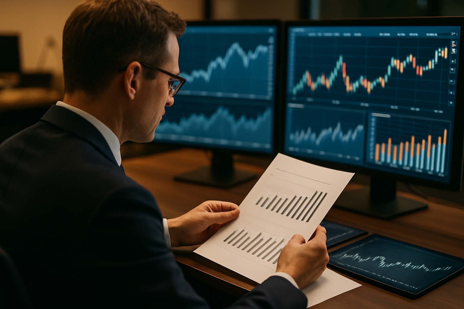 An investor studying financial charts on multiple monitors while analyzing an earnings report at a desk.
