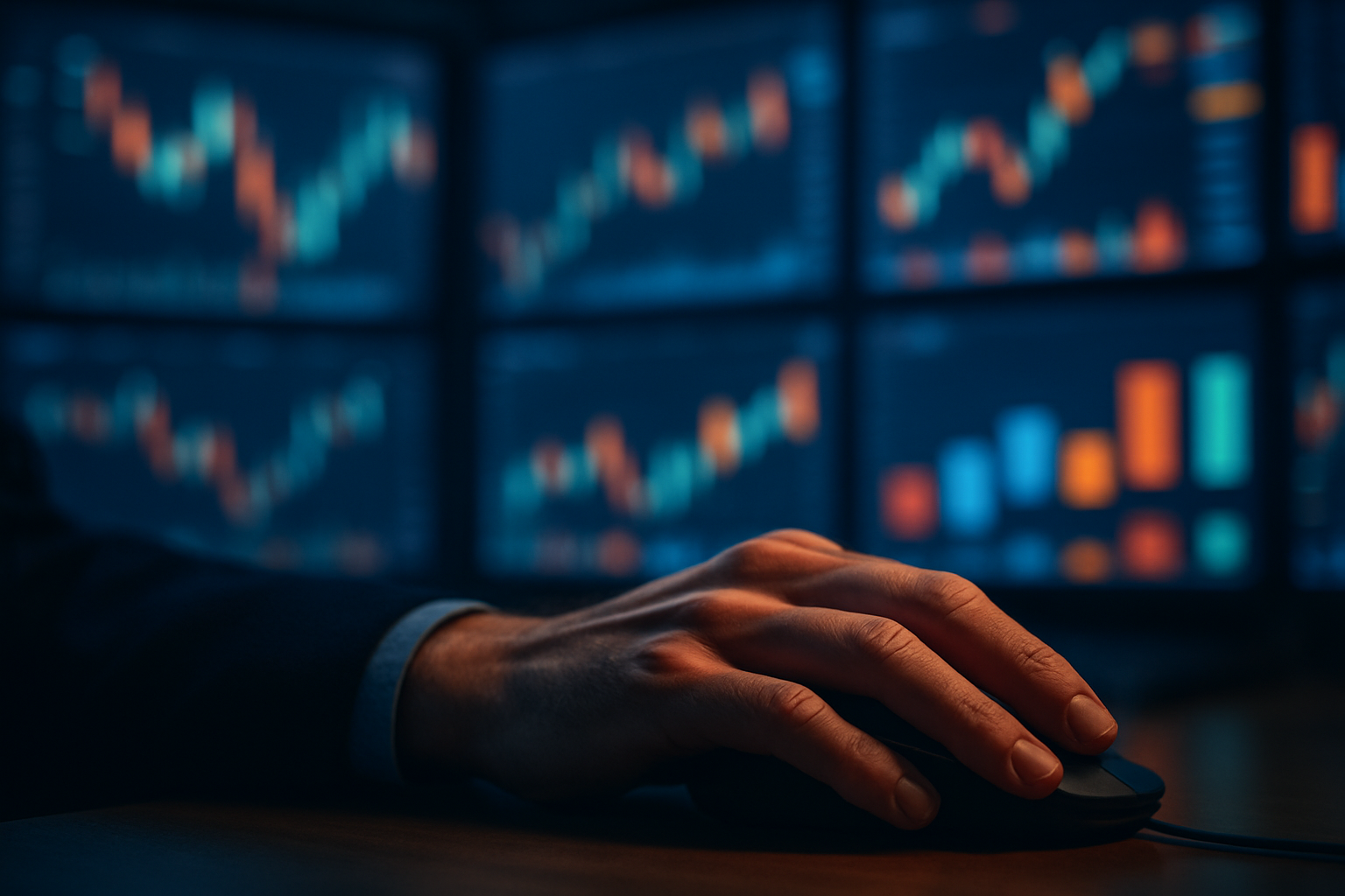 A hand poised over a mouse in front of blurred trading screens showing abstract chart shapes