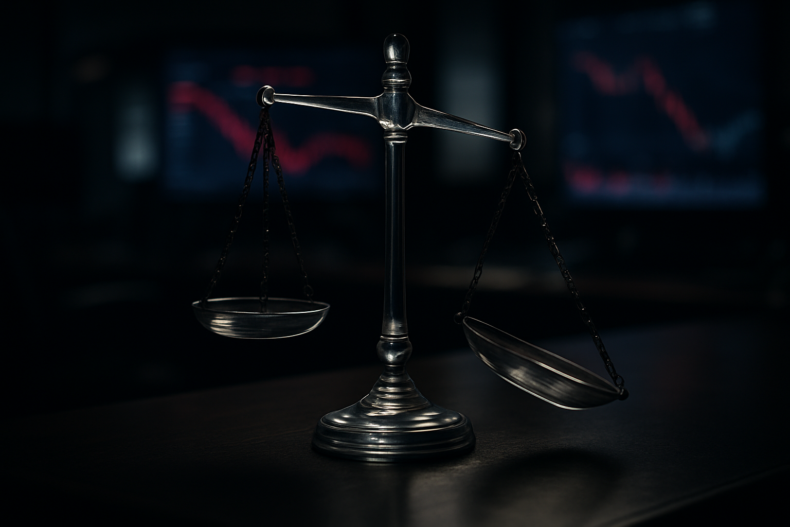 A tilted balance scale on a dark desk with blurred trading screen glow behind it, symbolizing the asymmetric risk of margin.