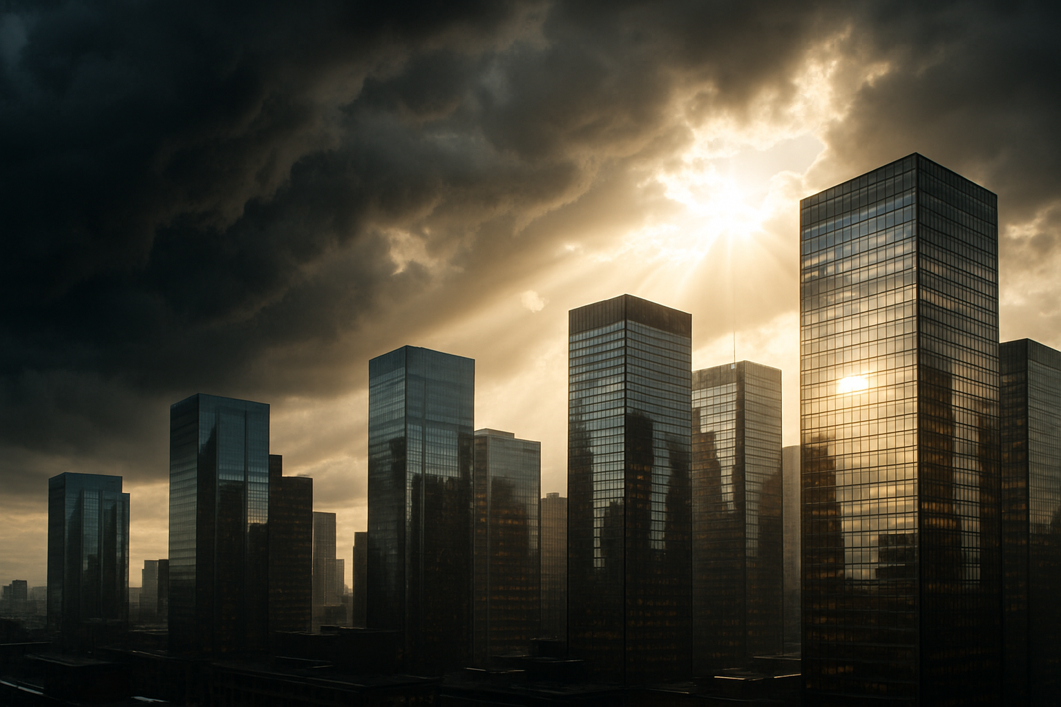 Storm clouds breaking over a downtown skyline as sunbeams strike glass office towers
