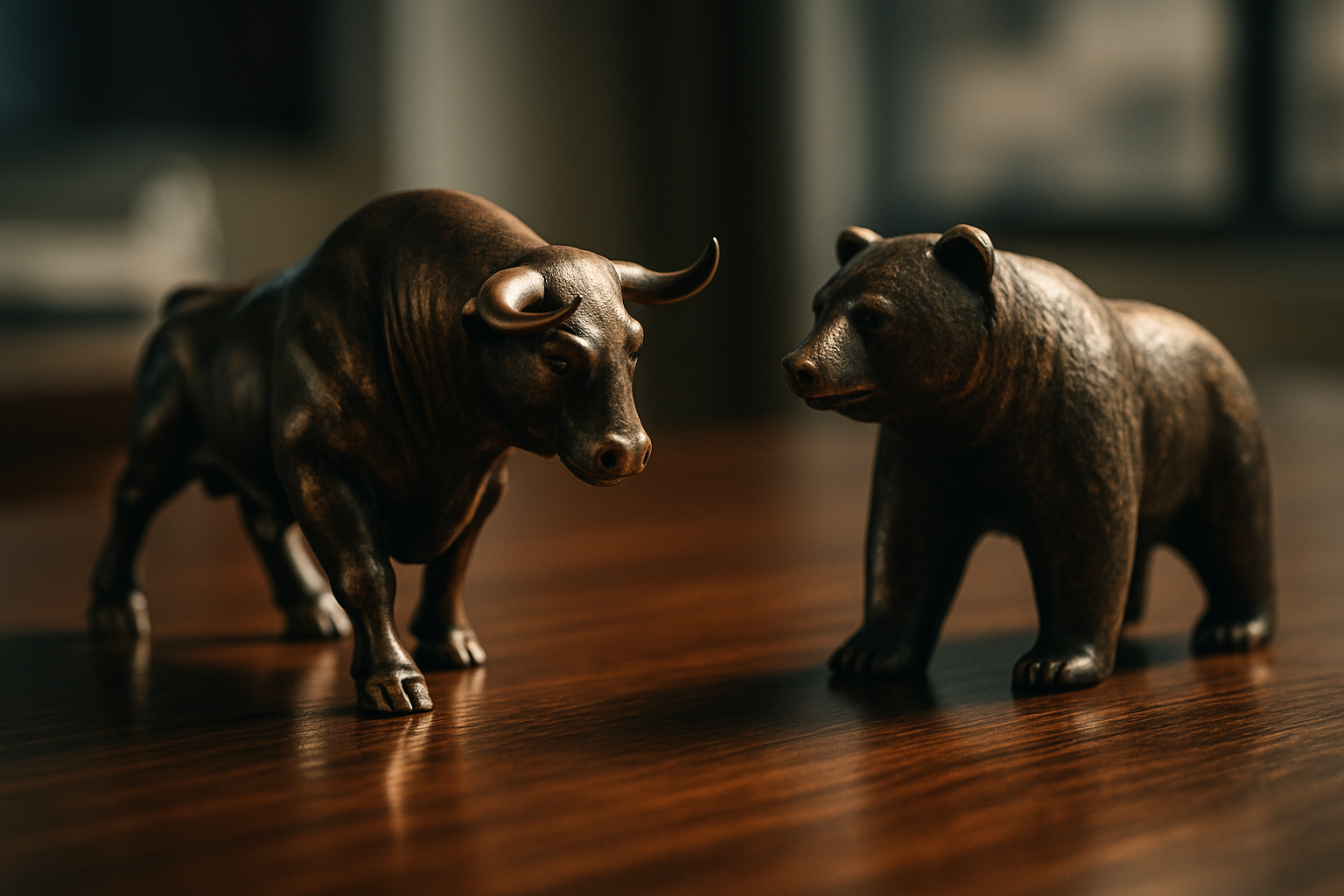 Bronze bull and bear figurines facing each other on a polished wooden desk under warm directional light.