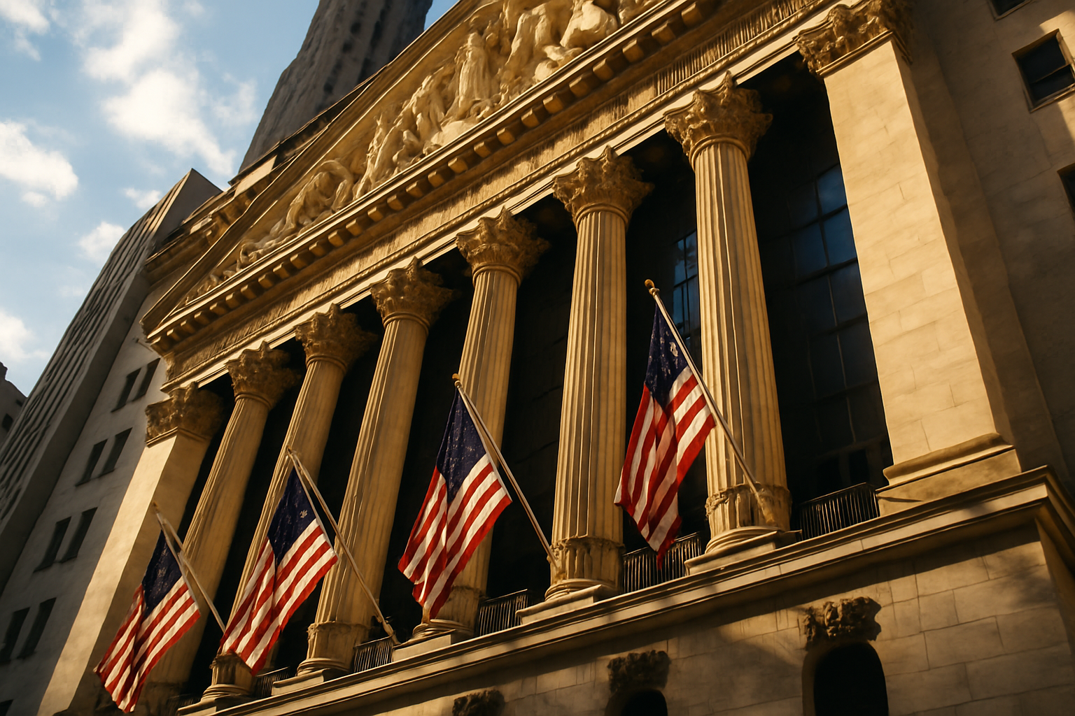 The columned facade of the New York Stock Exchange with hanging flags, photographed from a dramatic low angle against a bright sky.