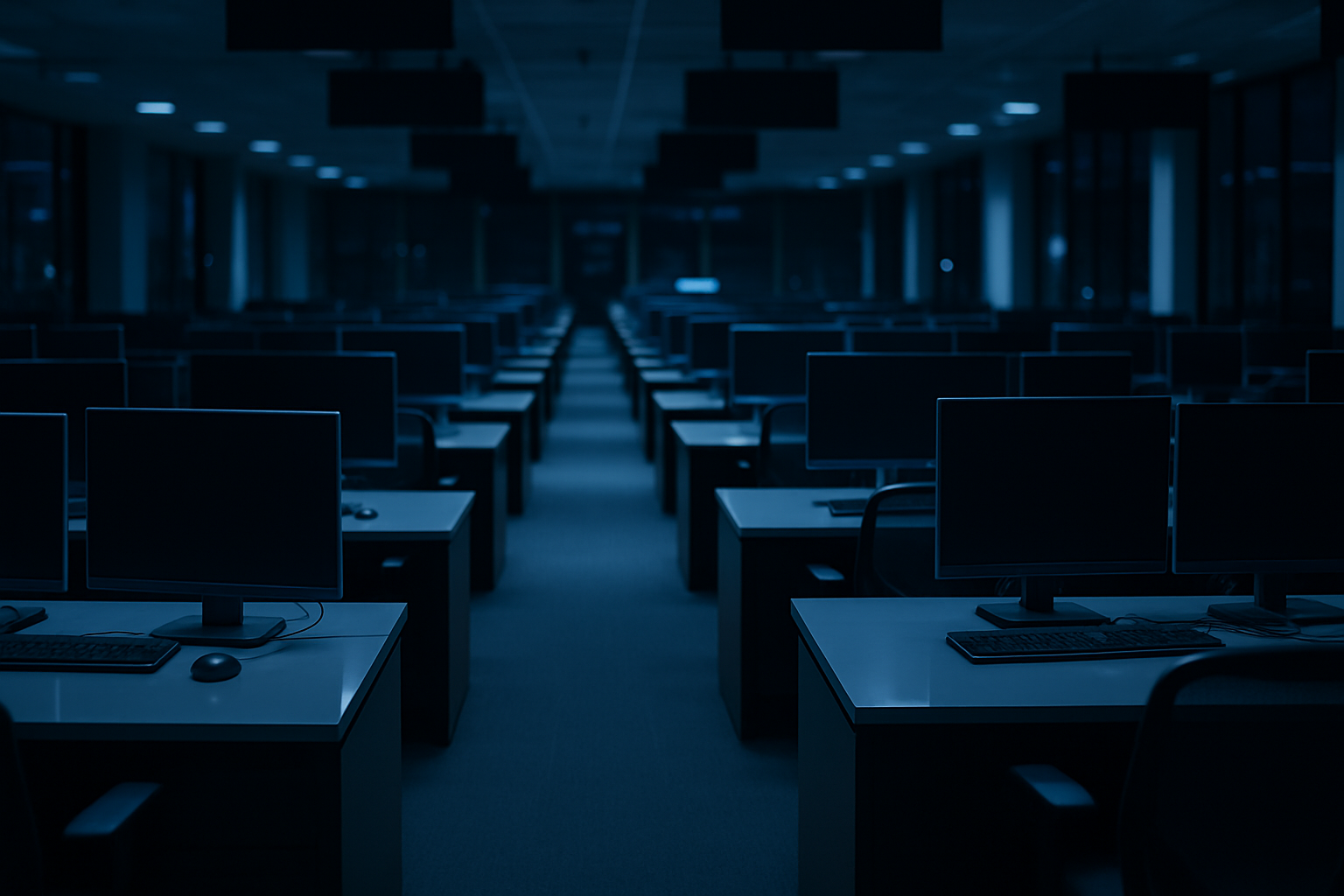 An empty modern trading floor with rows of desks and dark monitors lit by ambient blue light, no people present.