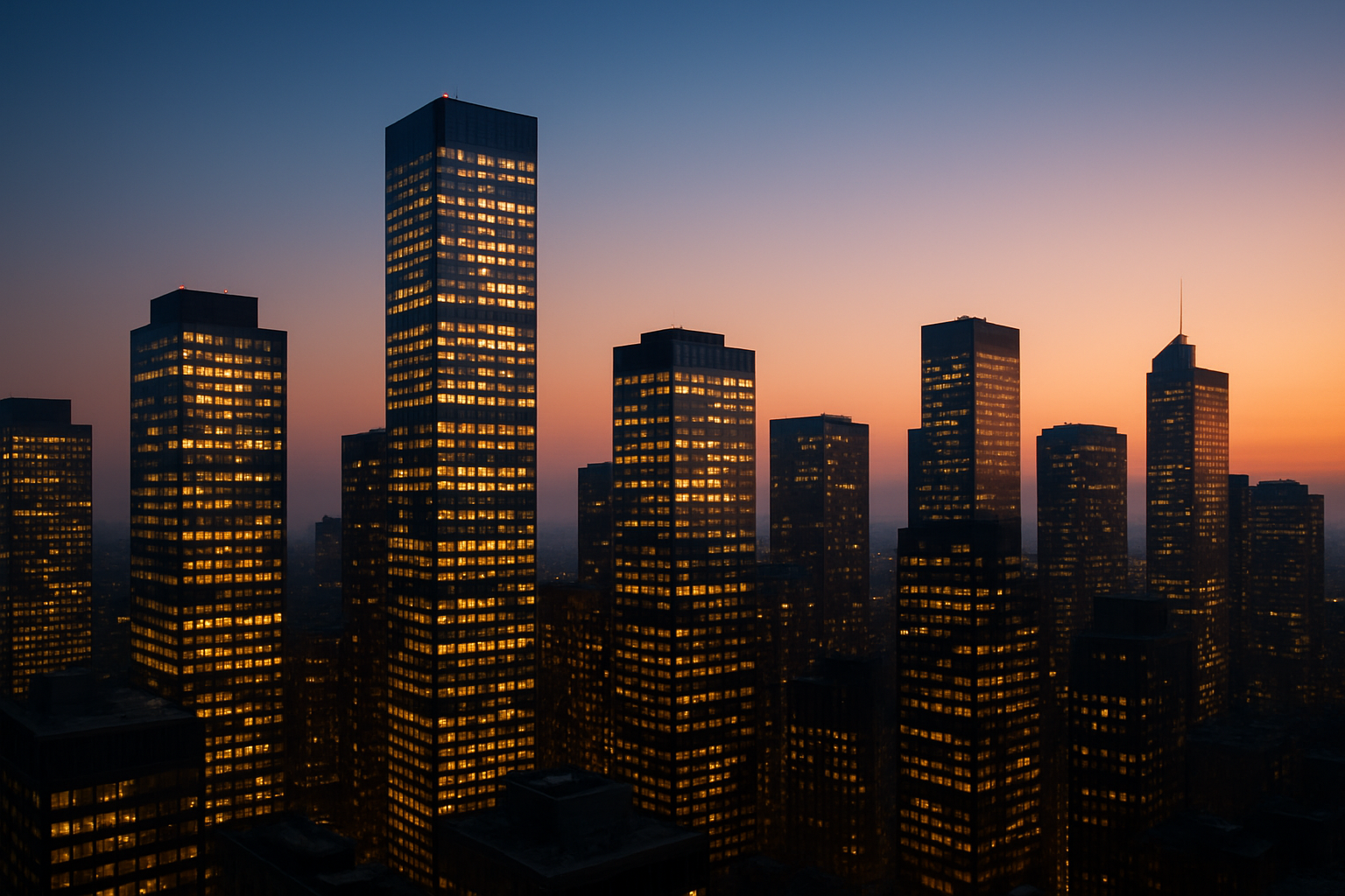 Financial-district skyline at dusk with lit glass office towers under an amber and blue sky