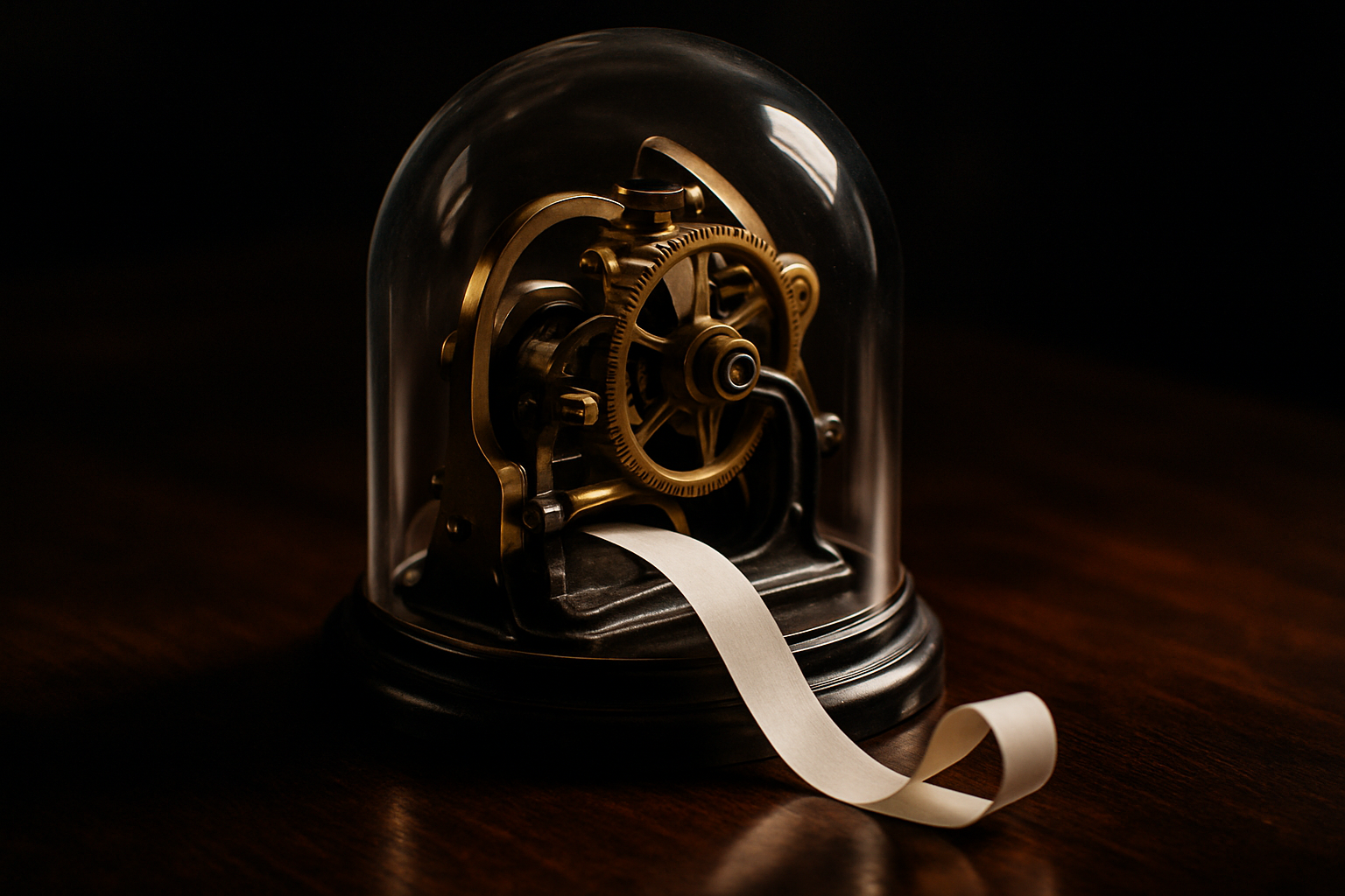 Close-up of an antique mechanical stock ticker machine with a blank curl of paper tape on a dark wooden desk.