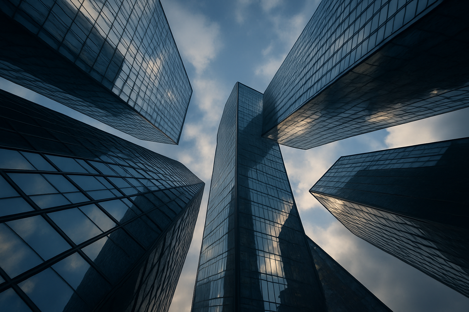 Low-angle view of glass skyscrapers converging against a bright cloud-streaked sky