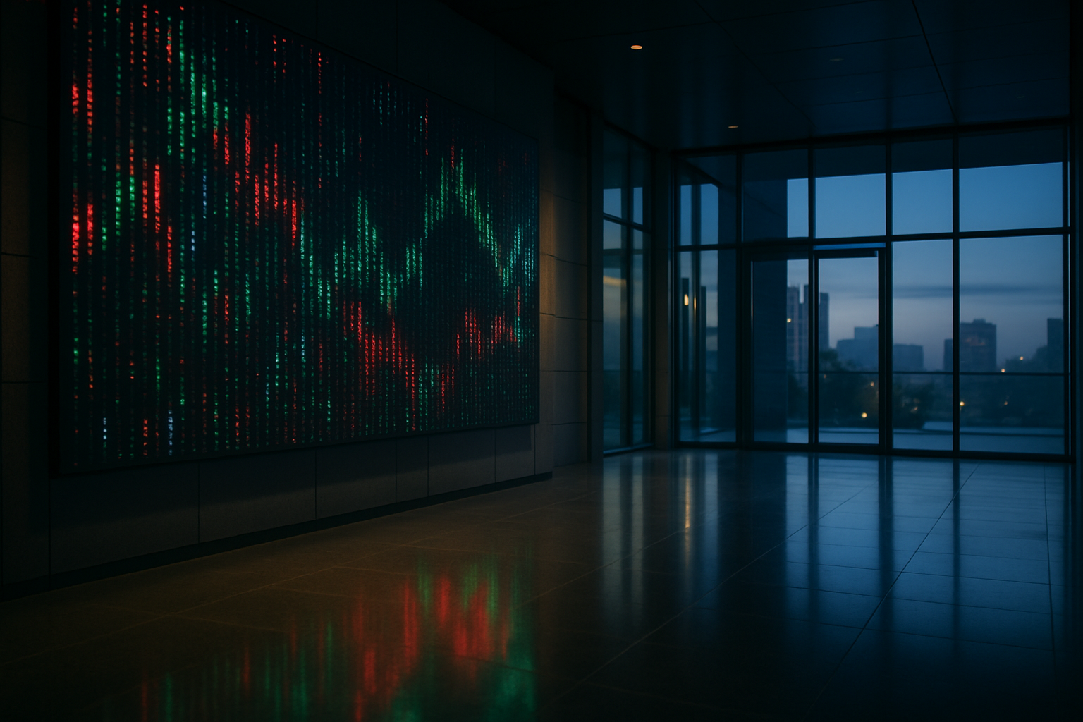 Modern glass office lobby with a large abstract wall of colored market-data lights glowing red, green and blue.