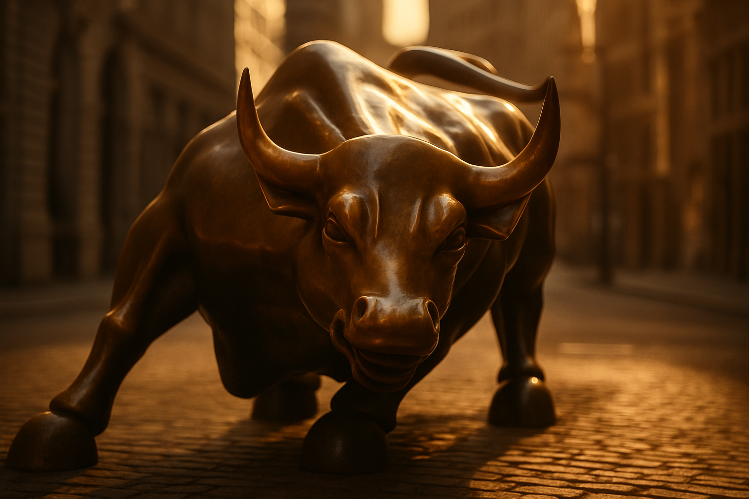The bronze Wall Street charging bull statue lit by warm golden-hour sunlight against a blurred financial-district backdrop.