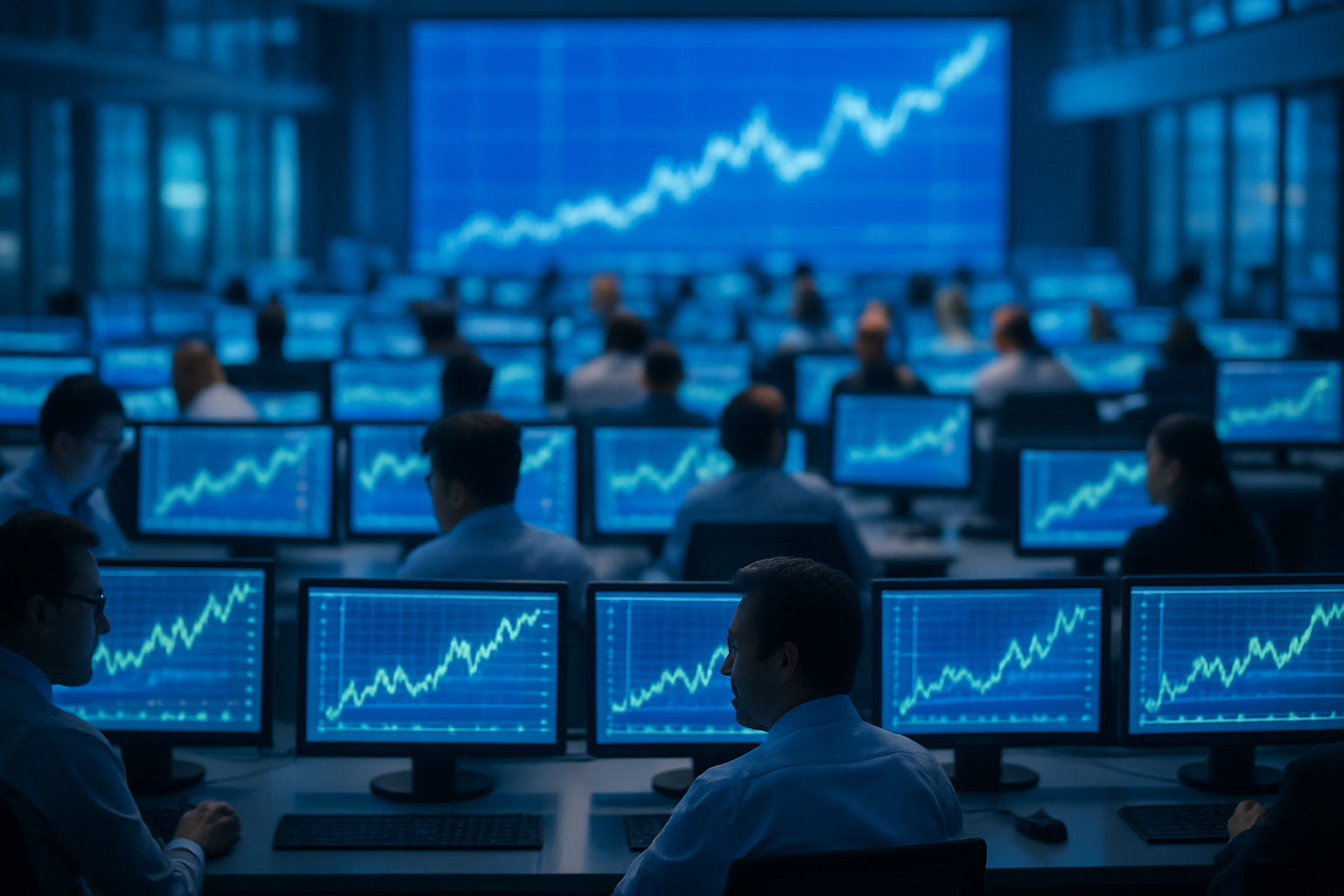 Trading floor with rising market charts on large displays