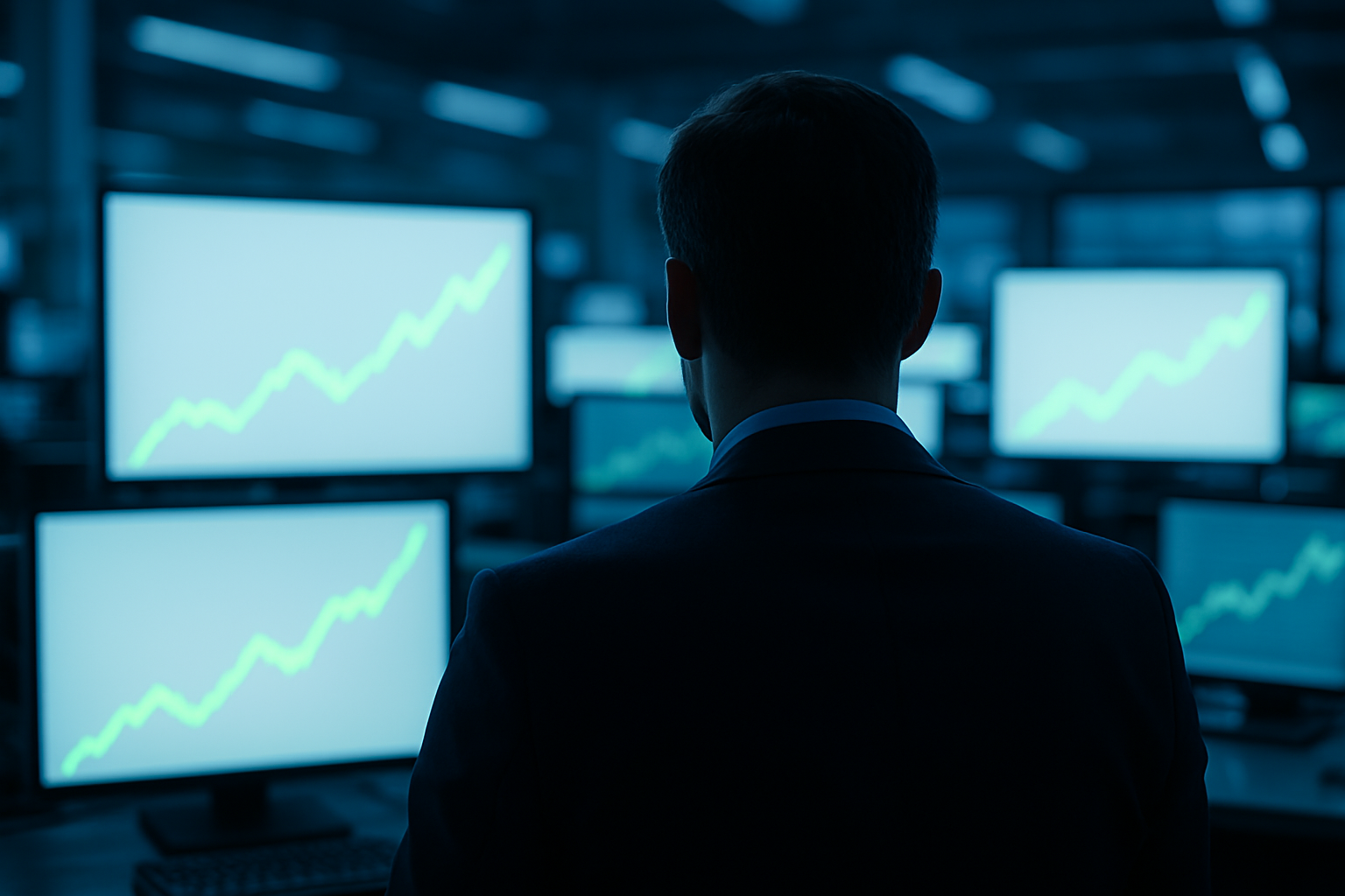 Trader viewing glowing screens with upward-trending charts on a modern trading floor