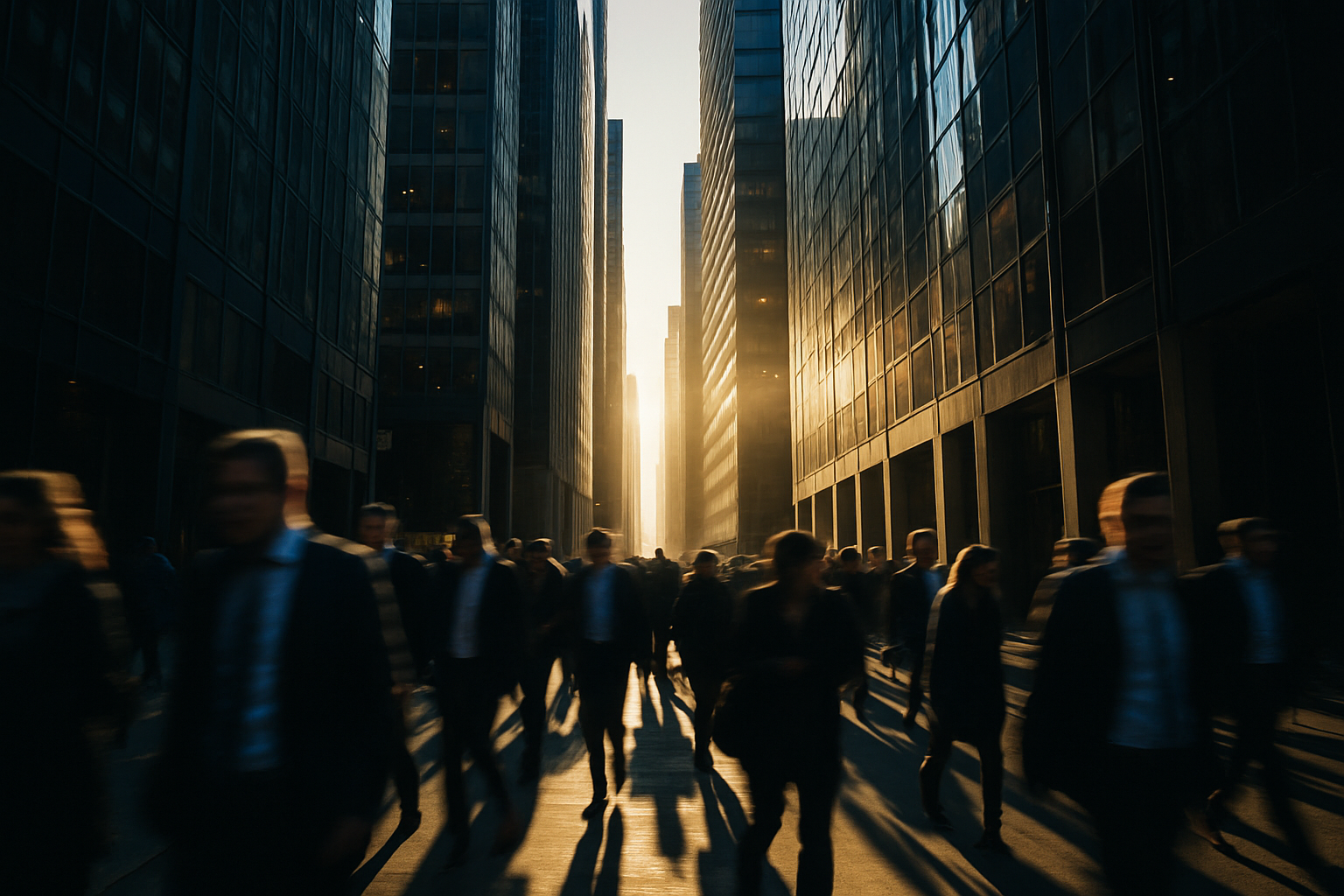 Commuters in motion blur moving through a sunlit financial-district street canyon lined with glass office towers at morning rush hour.
