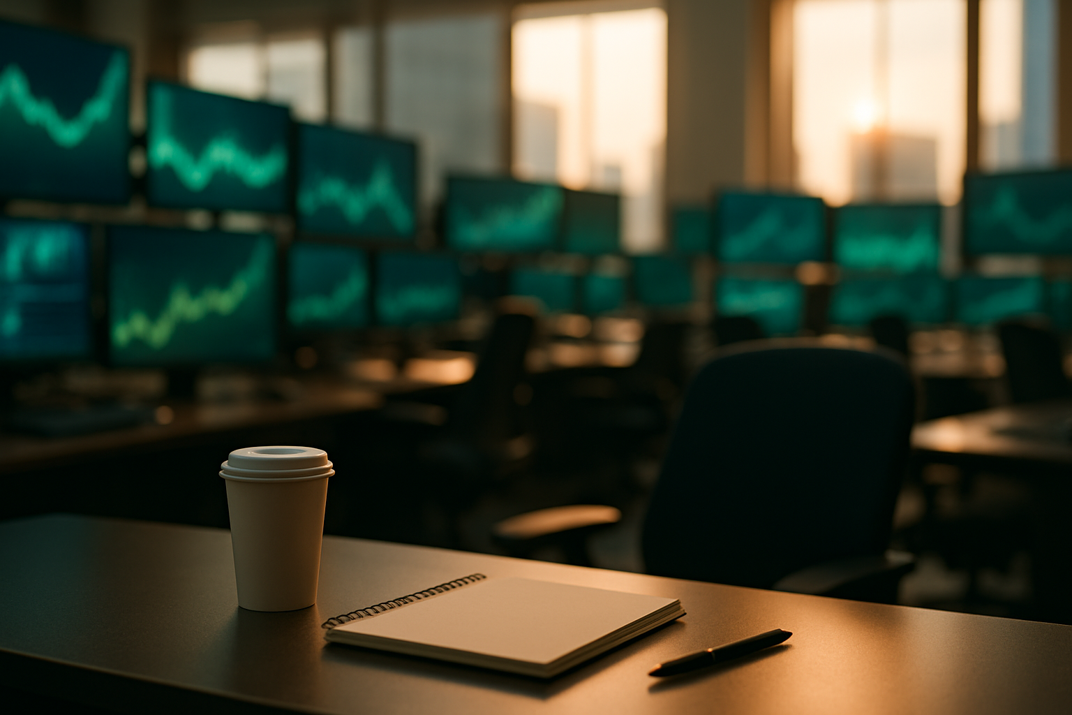 Out-of-focus trading floor monitors glowing green and blue in warm late-afternoon light at market close