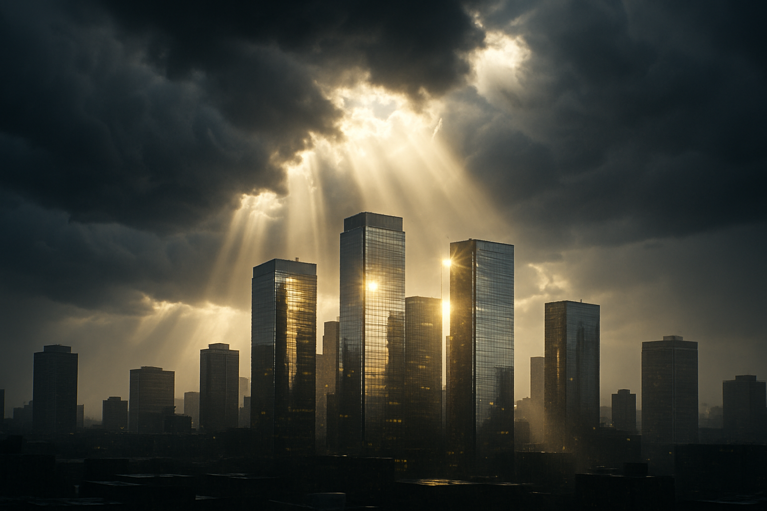 Sunbeams breaking through storm clouds and illuminating glass skyscrapers in a downtown skyline