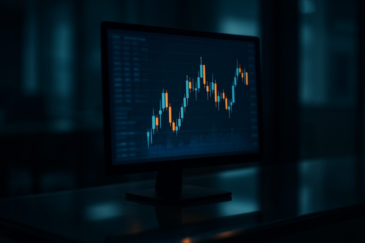 A glowing trading monitor showing abstract stock charts in a dim office, symbolizing valuation analysis.