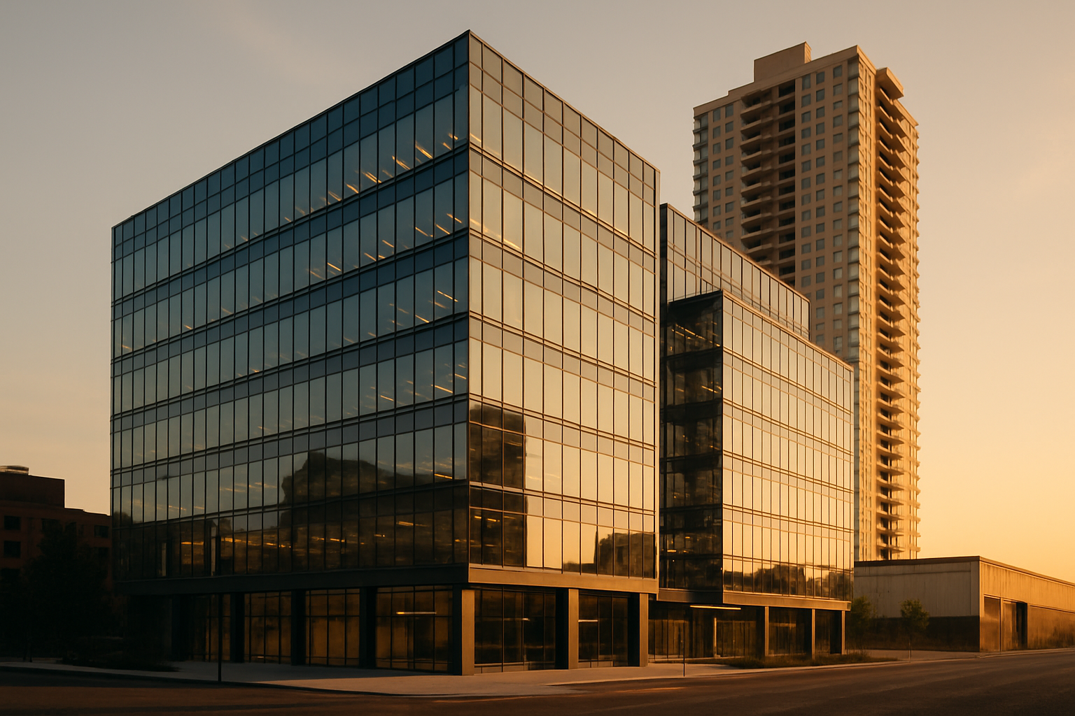 Modern commercial and residential buildings at golden hour representing income-producing real estate owned by REITs.