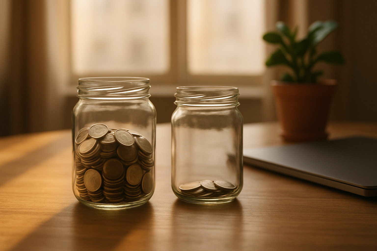 Two glass savings jars of different fullness on a desk in warm light, illustrating the choice between account types.