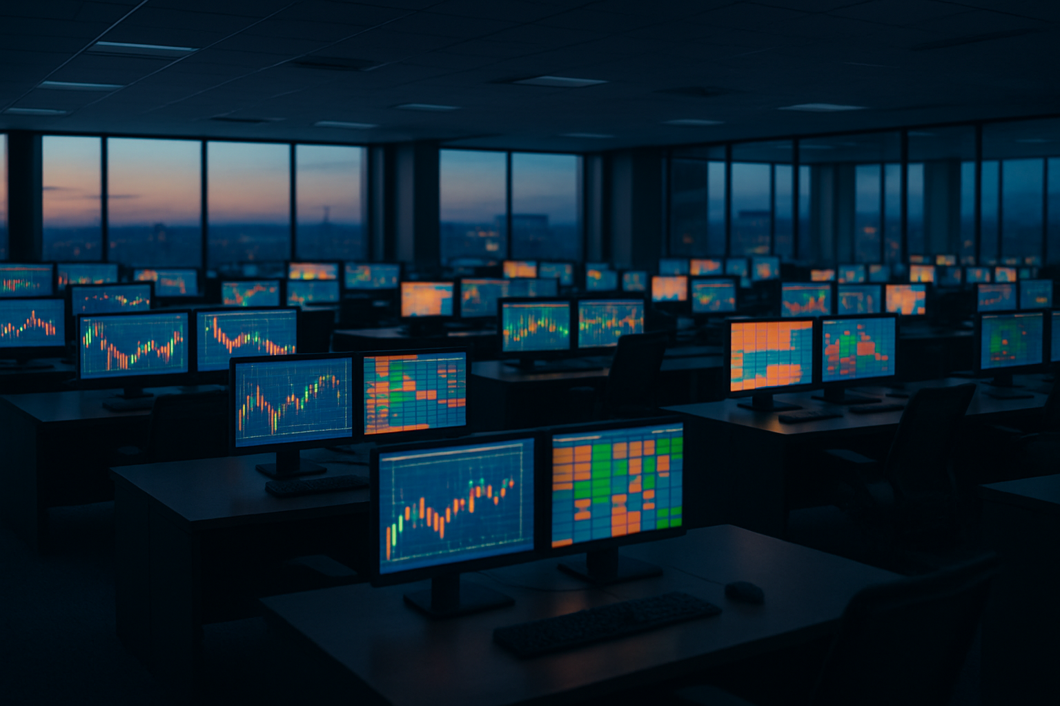 A dimly lit institutional trading floor with rows of glowing monitors showing abstract charts