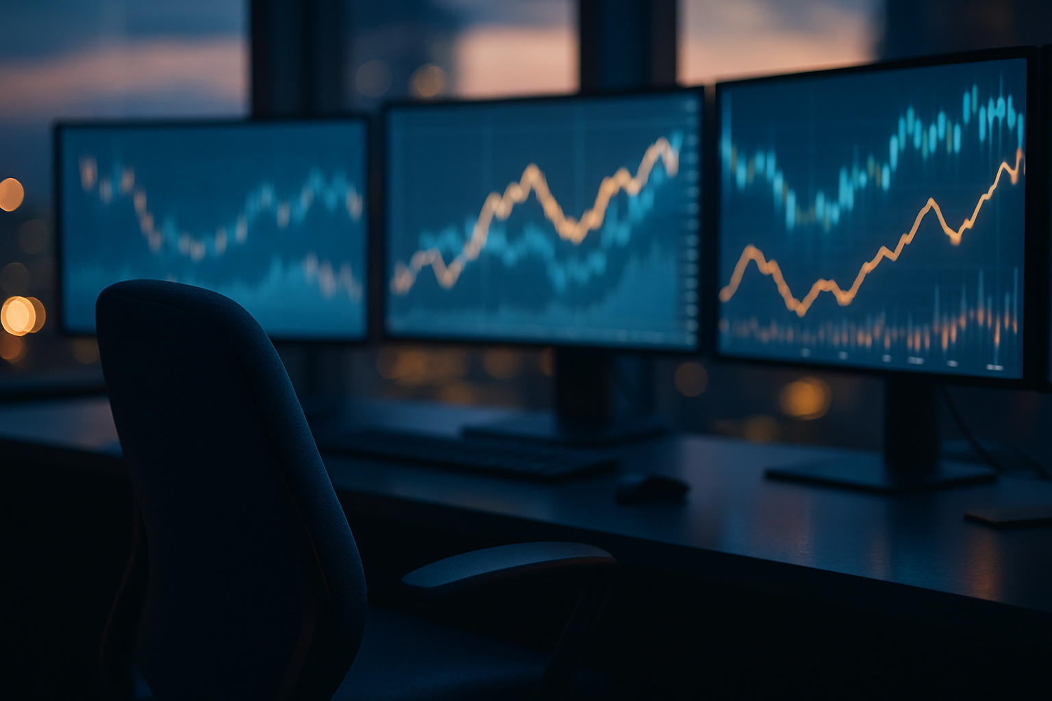 A darkened trading desk with glowing screens showing abstract sloping financial charts