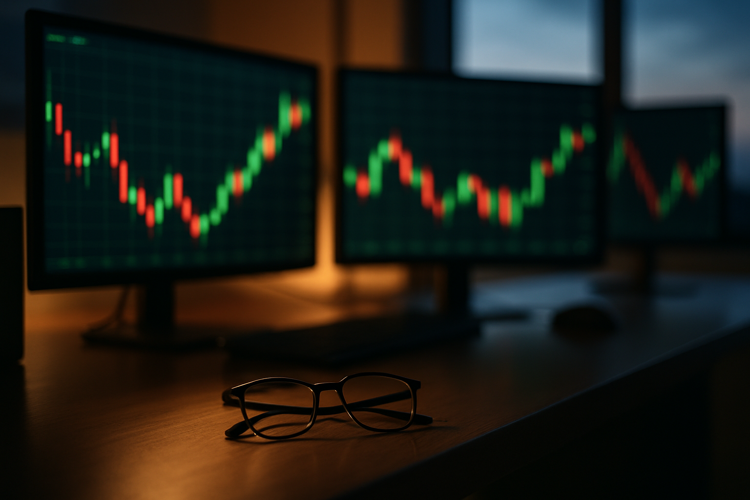 A trading desk with glowing monitors showing abstract chart shapes and no readable text, glasses resting in the foreground.