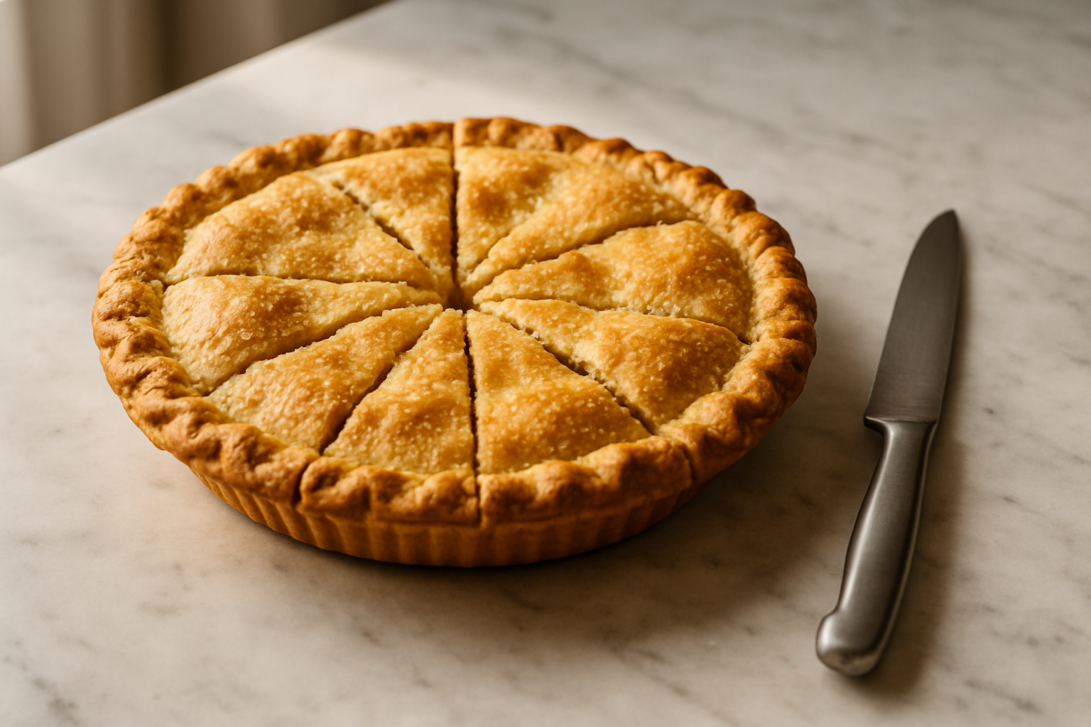 A whole pie sliced into many equal pieces on a marble counter, illustrating that a stock split divides value without changing the total.