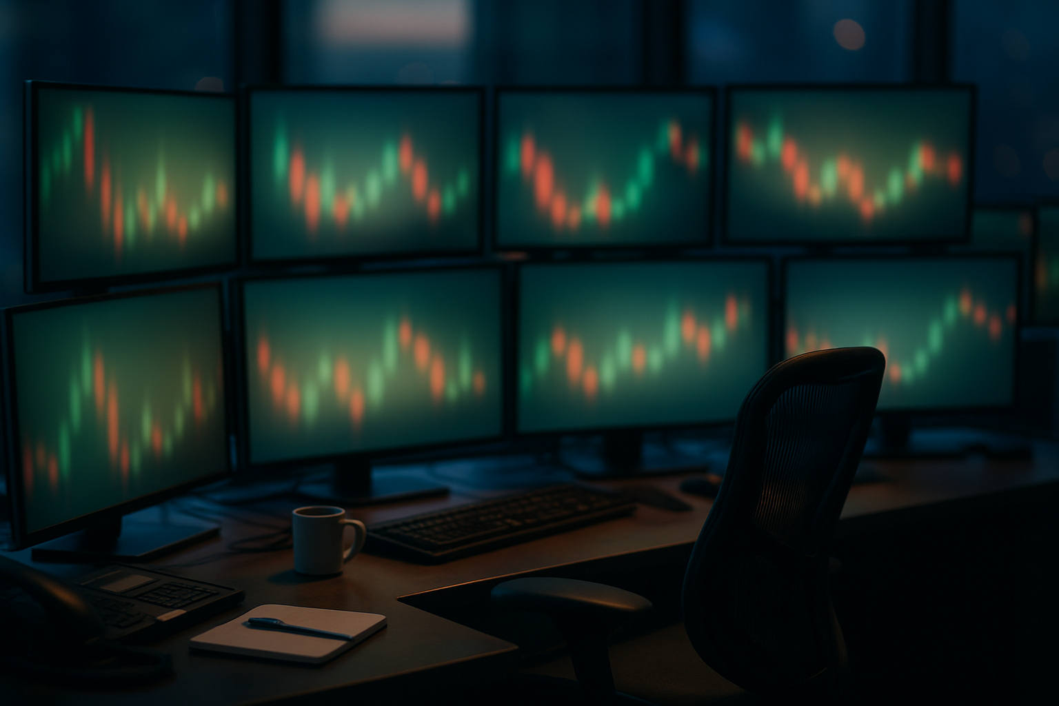 An empty modern trading desk with softly glowing screens in green and red at dusk.